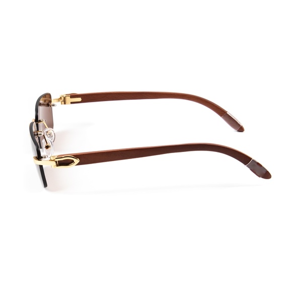 Mens Brown Tint Rimless Gold Frame Wood Sunglasses - Picture 5 of 5